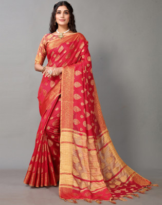 Samah Embellished, Woven, Self Design Banarasi Cotton Silk Saree(Red)