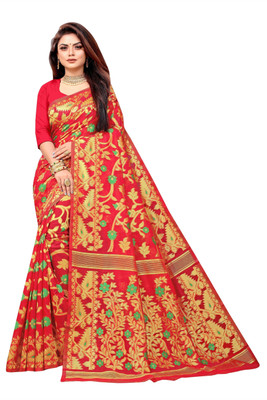 ANISSA SAREE Self Design Jamdani Cotton Blend Saree(Red)