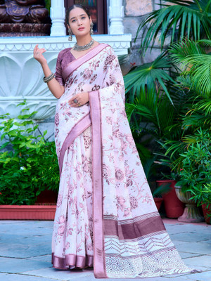 Anouk Rustic Digital Print Hand Batik Cotton Linen Saree(White)