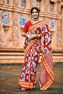 kalyani nx Printed Sambalpuri Pure Cotton Saree(White)