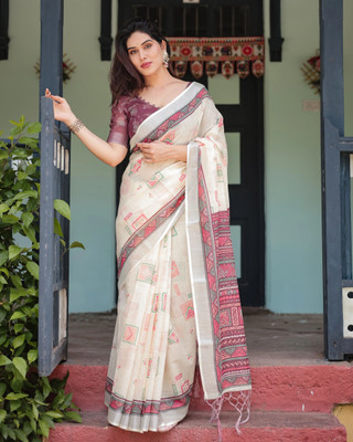 DHAYNAAND REEWA FASHION Floral Print Kanjivaram Linen Saree(Cream)