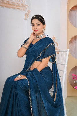 HouseOfCommon Embellished, Embroidered, Solid/Plain Bollywood Chiffon, Pure Silk Saree(Blue)