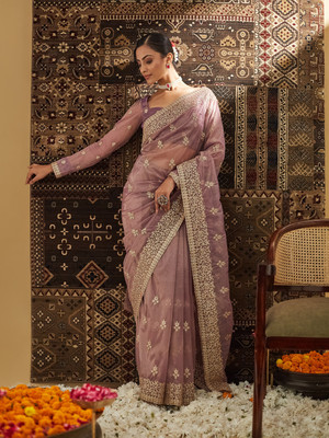 KASEE Embellished Chanderi Supernet Saree(Maroon)