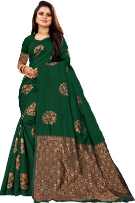 Vedant Vastram Floral Print Banarasi Silk Blend Saree(Dark Green)