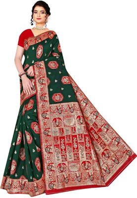 Radharani fusion Woven, Temple Border Paithani Art Silk Saree(Green, Red)