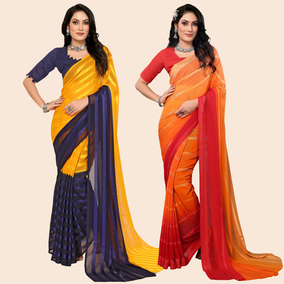 kashvi sarees Striped Bollywood Satin Saree(Pack of 2, Yellow, Blue, Orange, Red)