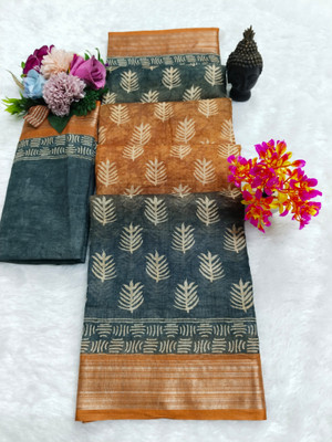 HouseOfCommon Printed Kanjivaram Pure Cotton, Cotton Linen Saree(Orange, Black)