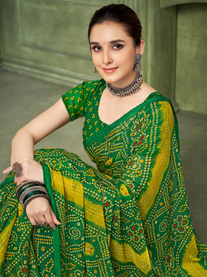 Sareemall Printed Bandhani Chiffon Saree(Green)