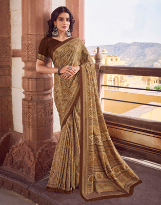 all about you Printed Daily Wear Crepe Saree(Beige, Brown)