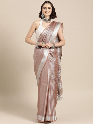 Zari tissue saree Dyed, Woven Handloom Tissue Saree(Brown)