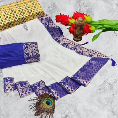 MN VENTURE Woven Kanjivaram Art Silk Saree(White, Blue)