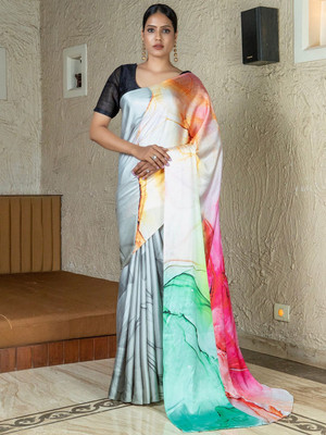 ANOUK Printed Daily Wear Satin Saree(White)