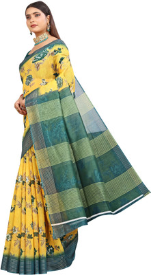 HouseOfCommon Printed Kanjivaram Pure Cotton, Chanderi Saree(Yellow, Green)