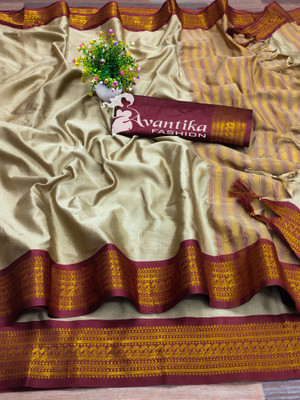 GALANI ENTERPRISE Printed, Temple Border, Woven, Embellished, Solid/Plain Banarasi Art Silk, Cotton Silk Saree(Cream)
