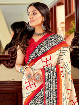 Divastri Printed Sambalpuri Silk Blend Saree(Cream)