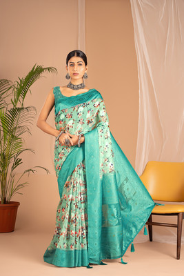 WISHLIST Digital Print Bollywood Cotton Blend Saree(Green)