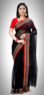 Ganesh plastic and industry Solid/Plain Handloom Pure Cotton Saree(Black)