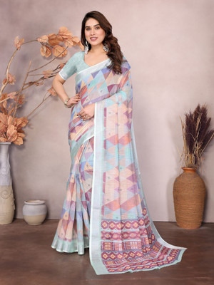 Soor Panchi Digital Print Paithani Cotton Linen Saree(Light Blue)