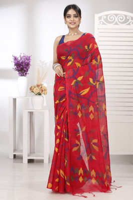 GitAsit Blocked Printed Handloom Cotton Blend Saree(Red)