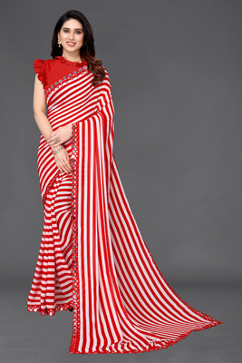sareya veela Striped Bollywood Georgette Saree(Red)