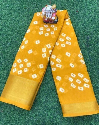 BudgetBeauty Digital Print Bandhani Cotton Blend Saree(Yellow)