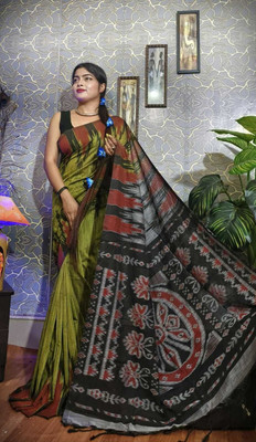 QUETZAL HANDLOOM SAREE Printed Sambalpuri Pure Cotton Saree(Yellow)