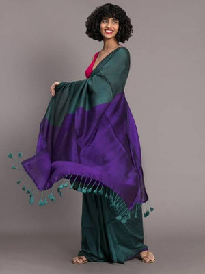 DHRITI Solid/Plain Handloom Cotton Blend Saree(Dark Green)