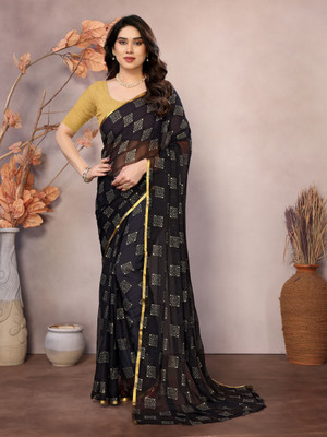 Ladymint Woven, Self Design, Embellished Baluchari Chiffon Saree(Dark Blue)