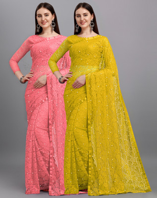 LOROFY Self Design Bollywood Net Saree(Pack of 2, Multicolor)