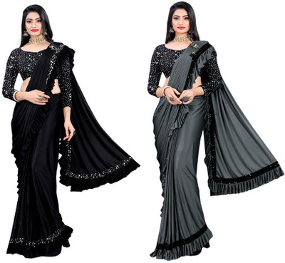 HARIOM FASHION Solid/Plain Bollywood Lycra Blend Saree(Pack of 2, Multicolor)