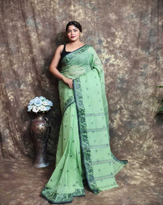 TANTSHREE Self Design Tant Pure Cotton Saree(Light Green)