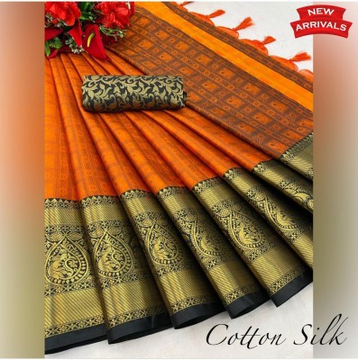 Divastri Woven Banarasi Cotton Silk, Art Silk Saree(Orange, Green)