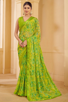 SainiVastra Floral Print Bollywood Chiffon Saree(Green)