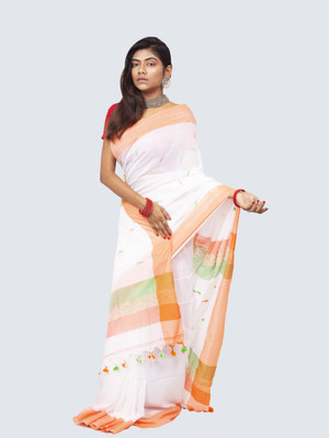 AngaShobha Solid/Plain Chettinadu Cotton Blend Saree(White)