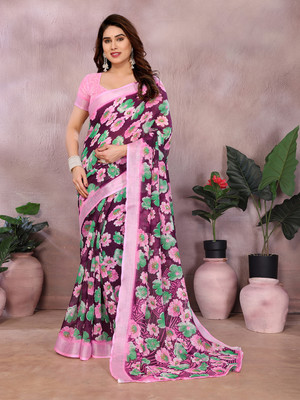 Anand Sarees Floral Print Saree with Attached Blouse Cotton Linen Saree(Multicolor)