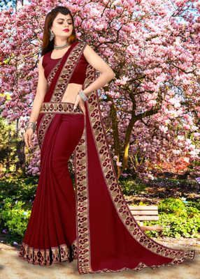 Suvali Fashion Solid/Plain Banarasi Lycra Blend, Chiffon Saree(Maroon)