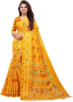 siddharth textiles Floral Print Bollywood Cotton Blend Saree(Yellow)