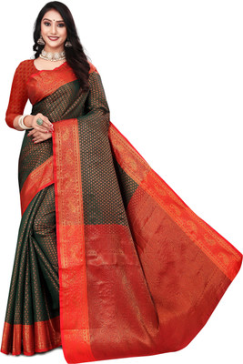 K D F Woven Kanjivaram Jacquard, Pure Silk Saree(Dark Green)
