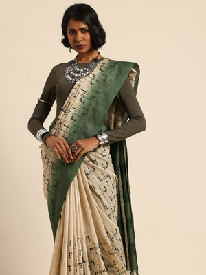Taavi Self Design Handloom Silk Blend Saree(Cream)