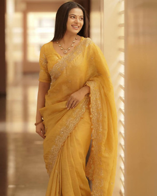 SHREENATHJI CREATION Embroidered Bollywood Tissue Saree(Mustard)