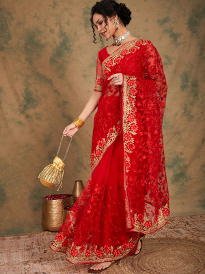 Divastri Embroidered Chanderi Net Saree(Red)