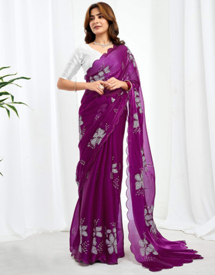 all about you Embellished, Embroidered Bollywood Chiffon Saree(Purple)