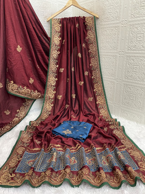 CHAMUNDA CREATION Embroidered Bollywood Pure Silk Saree(Maroon)