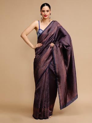 House of Pataudi Woven Banarasi Silk Blend Saree(Dark Blue)