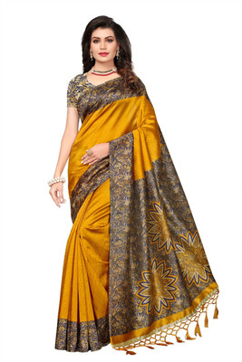 Grubstaker Printed Mysore Art Silk Saree(Mustard)
