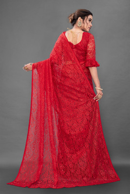 NORAFLEXx Solid/Plain Bollywood Net Saree(Red)