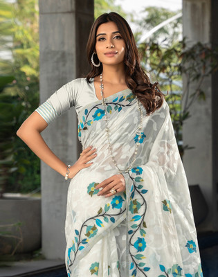 SIRIL Woven, Self Design, Embellished Handloom Cotton Blend Saree(White)