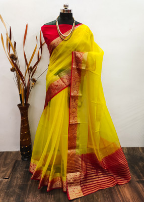 BHOLEBABA CREATION Solid/Plain Bollywood Organza Saree(Yellow)