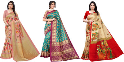 ANIRAV Printed Kasavu Art Silk Saree(Pack of 3, Pink, Blue, Beige)