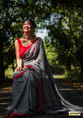 Bengal S Solid/Plain Handloom Cotton Blend Saree(Grey)